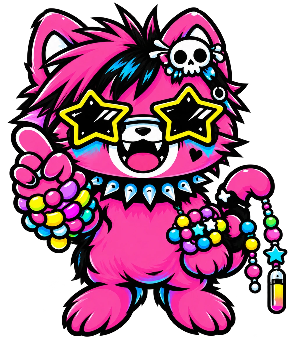 The GLOWRIOT mascot showing off colorful Kandi